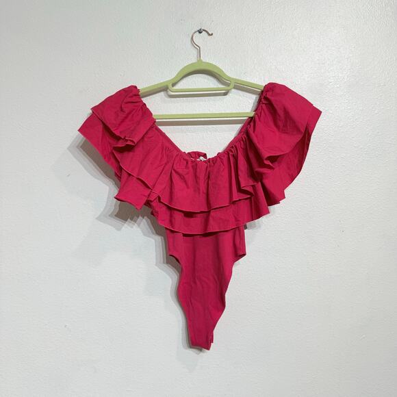 Zara Hot Pink Ribbed knit Poplin Ruffle Bodysuit Sz S - Picture 9 of 12